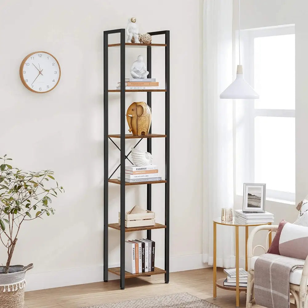 VASAGLE Narrow Bookcase Small 6-Tiers Bookshelf Industrial Rustic Brown and Black - Furniture > Living Room