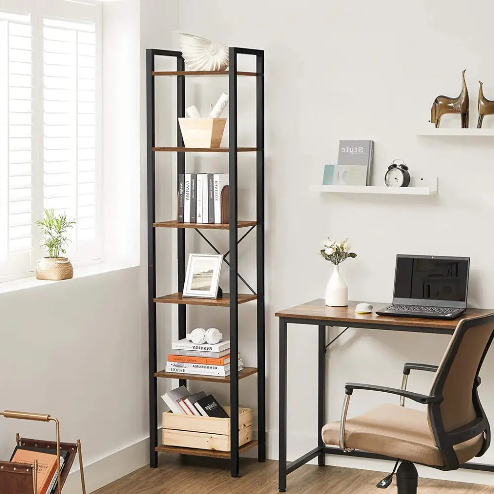 VASAGLE Narrow Bookcase Small 6-Tiers Bookshelf Industrial Rustic Brown and Black - Furniture > Living Room