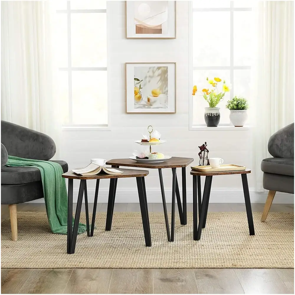 VASAGLE Nesting Coffee Table Set of 3 Rustic Brown and Black LNT14BXV1 - Furniture > Living Room