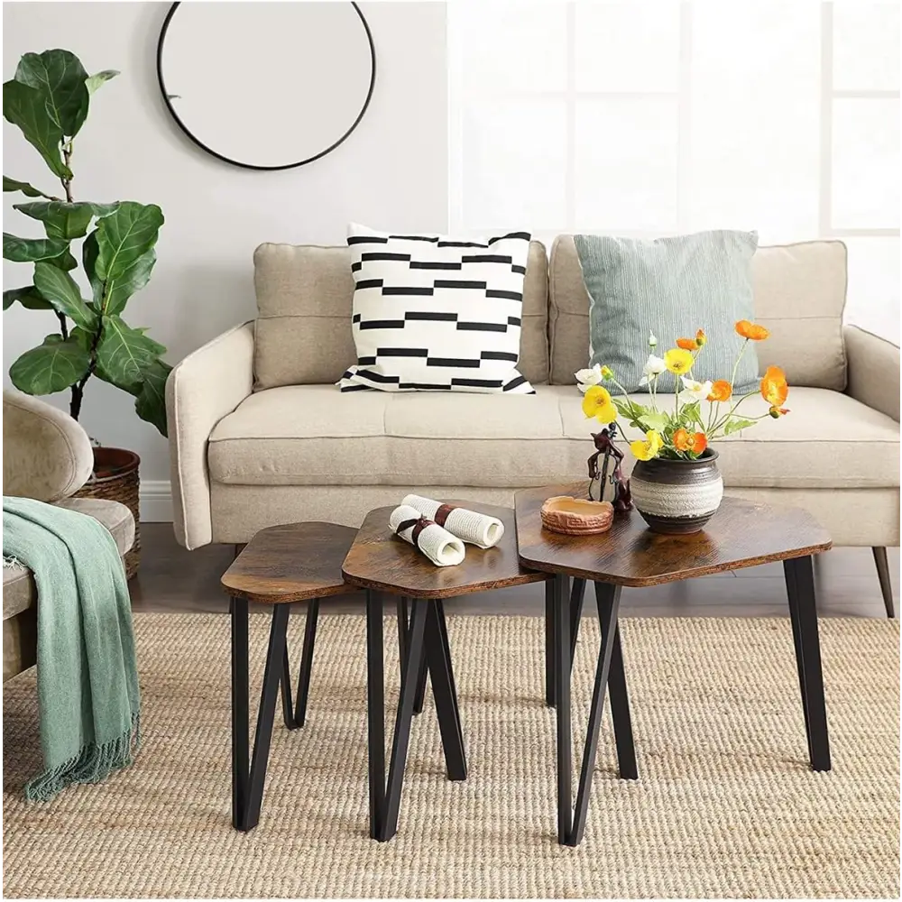 VASAGLE Nesting Coffee Table Set of 3 Rustic Brown and Black LNT14BXV1 - Furniture > Living Room