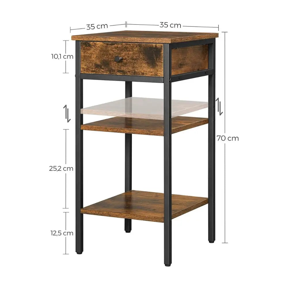 VASAGLE Nightstand End Table with a Drawer and 2 Storage Shelves Industrial Rustic Brown and Black - Furniture > Living