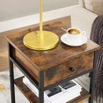 VASAGLE Nightstand End Table with a Drawer and 2 Storage Shelves Industrial Rustic Brown and Black - Furniture > Living
