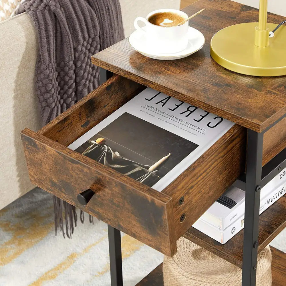 VASAGLE Nightstand End Table with a Drawer and 2 Storage Shelves Industrial Rustic Brown and Black - Furniture > Living