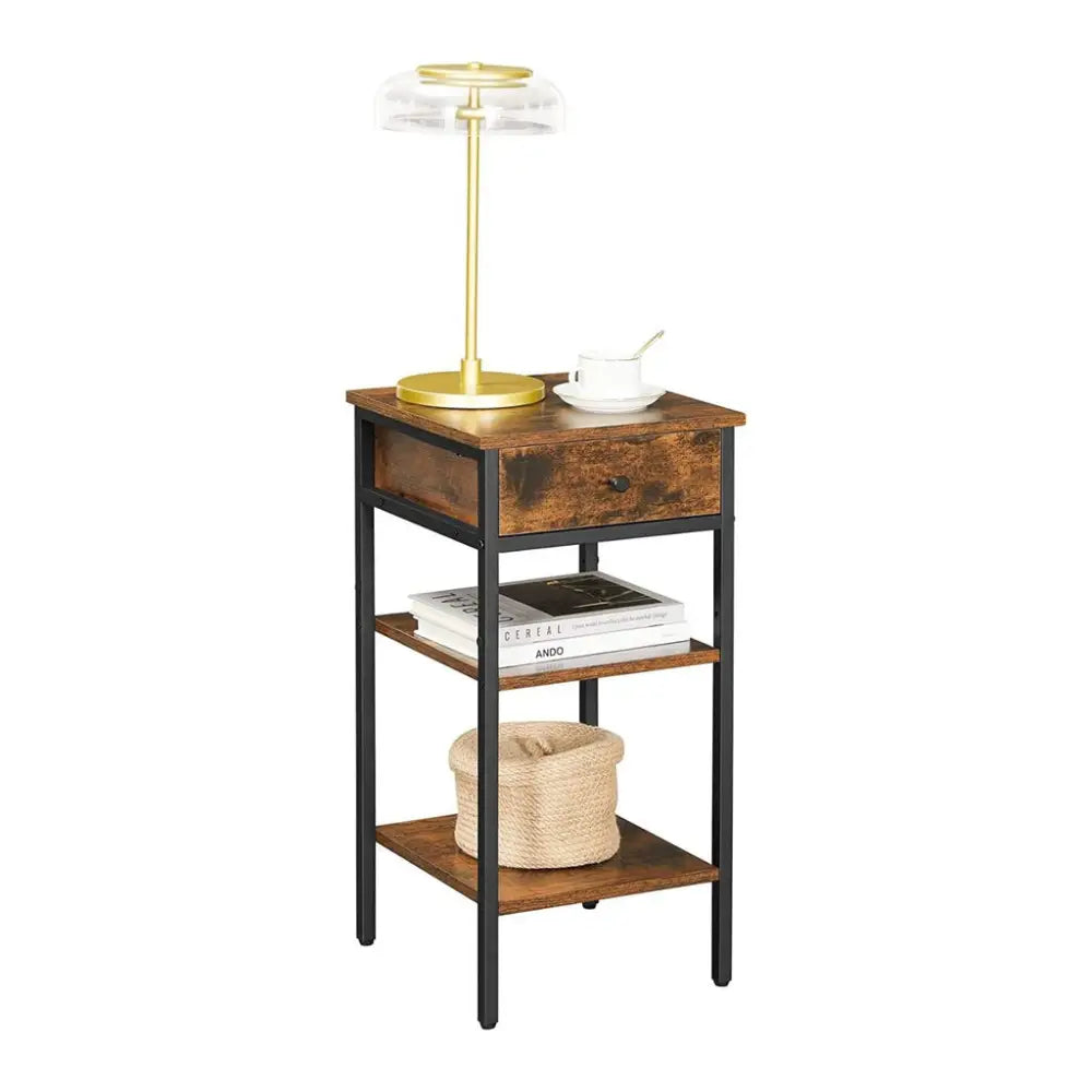 VASAGLE Nightstand End Table with a Drawer and 2 Storage Shelves Industrial Rustic Brown and Black - Furniture > Living