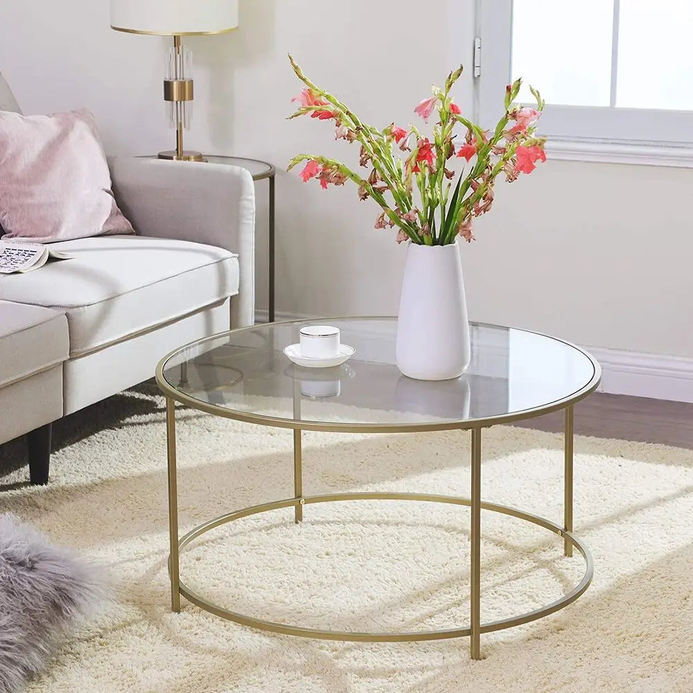 VASAGLE Round Coffee Table Glass Table with Steel Frame Gold LGT21G - Furniture > Living Room