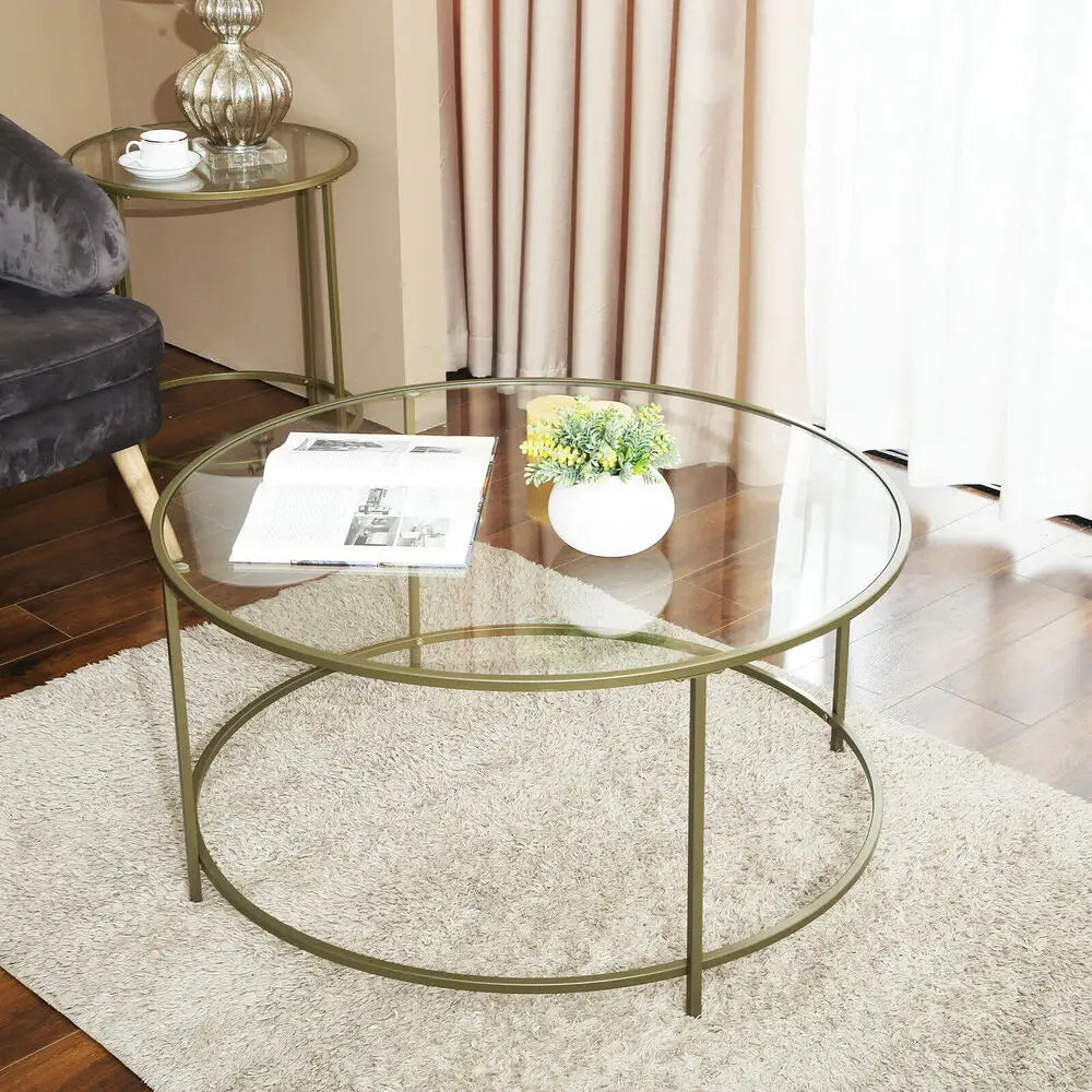 VASAGLE Round Coffee Table Glass Table with Steel Frame Gold LGT21G - Furniture > Living Room