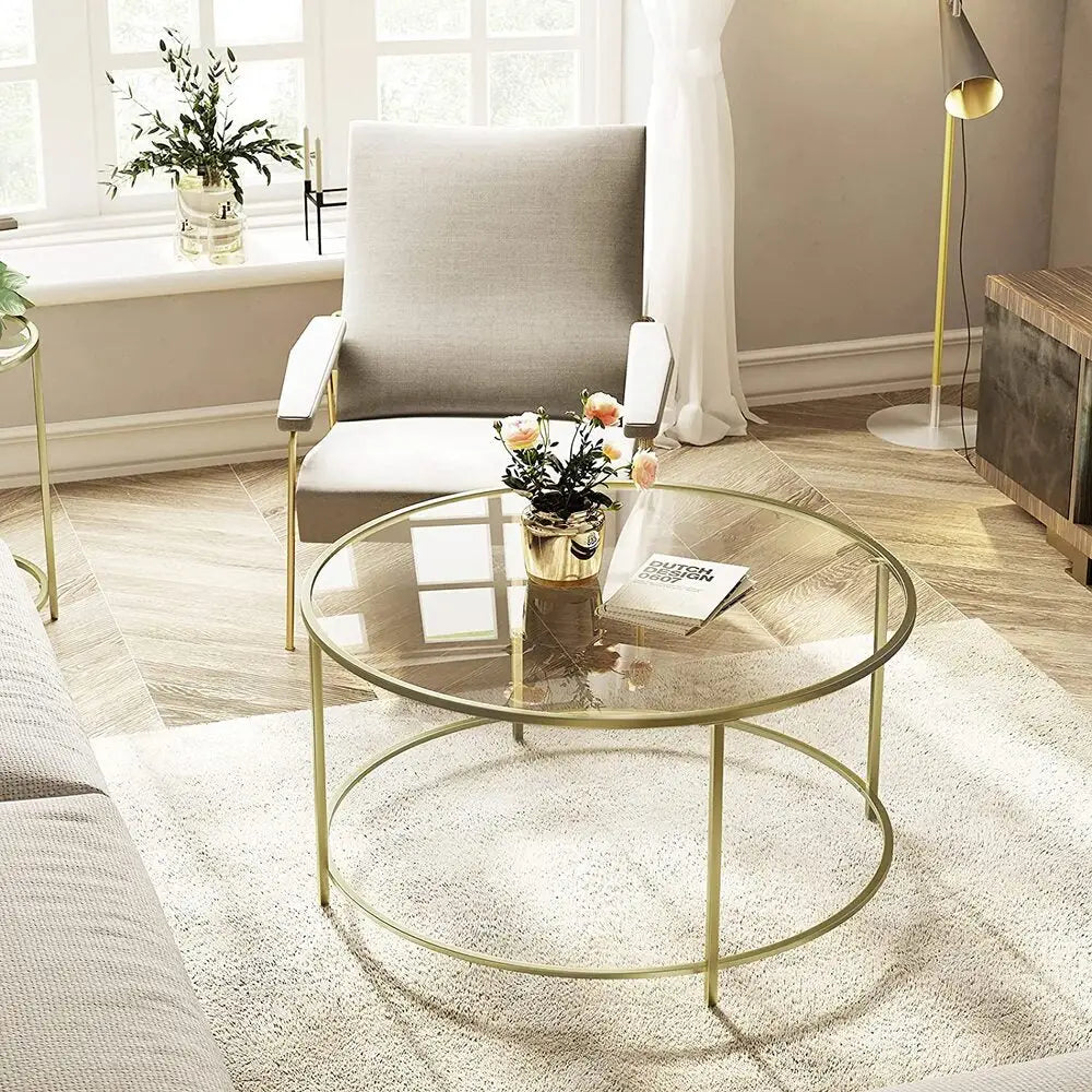 VASAGLE Round Coffee Table Glass Table with Steel Frame Gold LGT21G - Furniture > Living Room