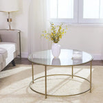 VASAGLE Round Coffee Table Glass Table with Steel Frame Gold LGT21G - Furniture > Living Room
