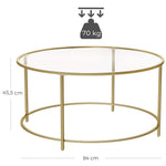 VASAGLE Round Coffee Table Glass Table with Steel Frame Gold LGT21G - Furniture > Living Room