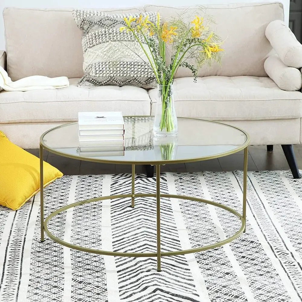 VASAGLE Round Coffee Table Glass Table with Steel Frame Gold LGT21G - Furniture > Living Room