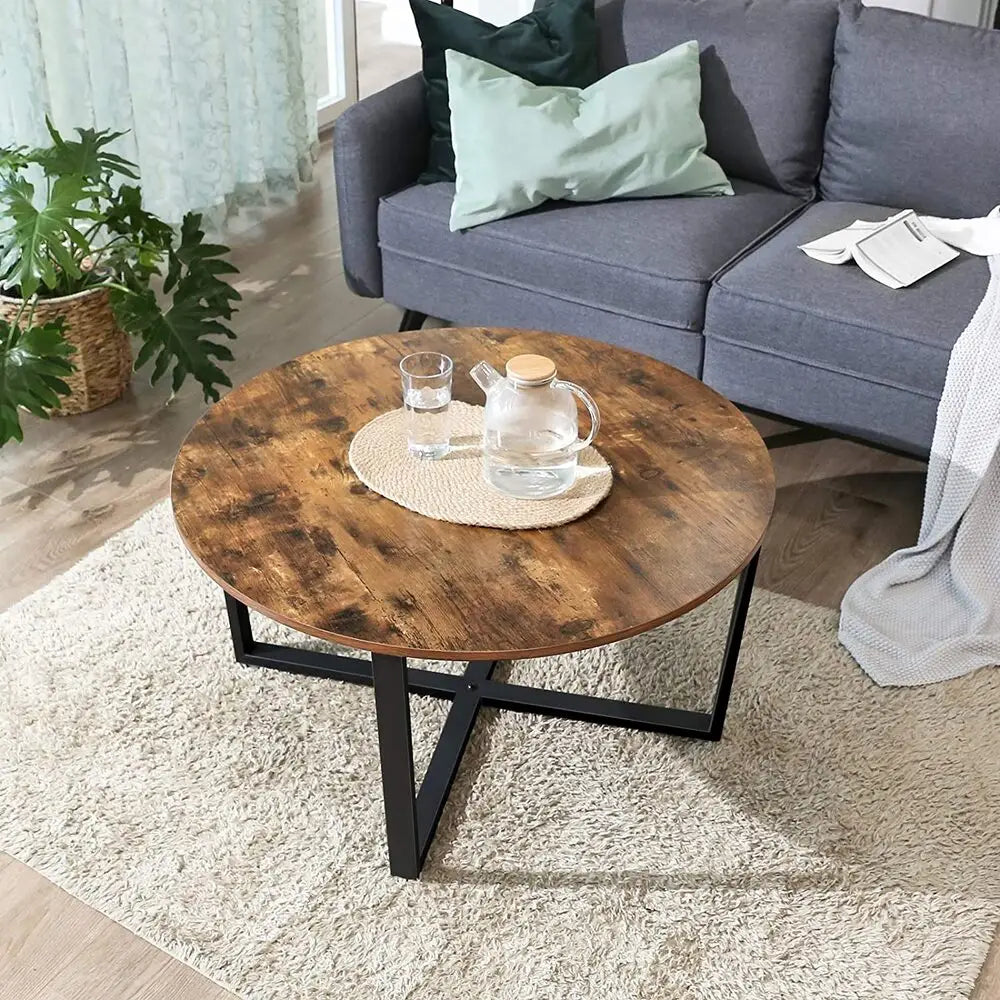 VASAGLE Round Coffee Table Rustic Brown and Black LCT88X - Furniture > Living Room