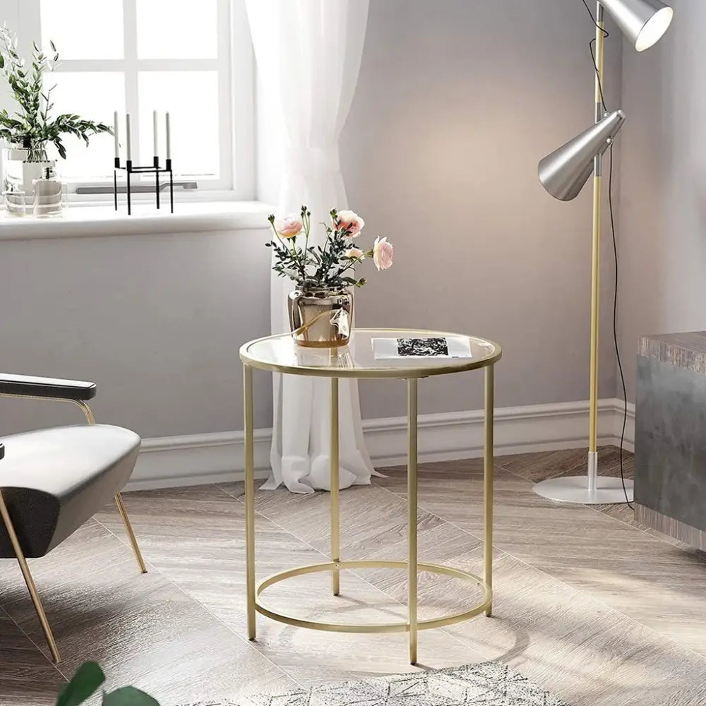 VASAGLE Round Side Table Tempered Glass End Table With Golden Metal Frame Small Coffee Table Gold LGT20G - Furniture >