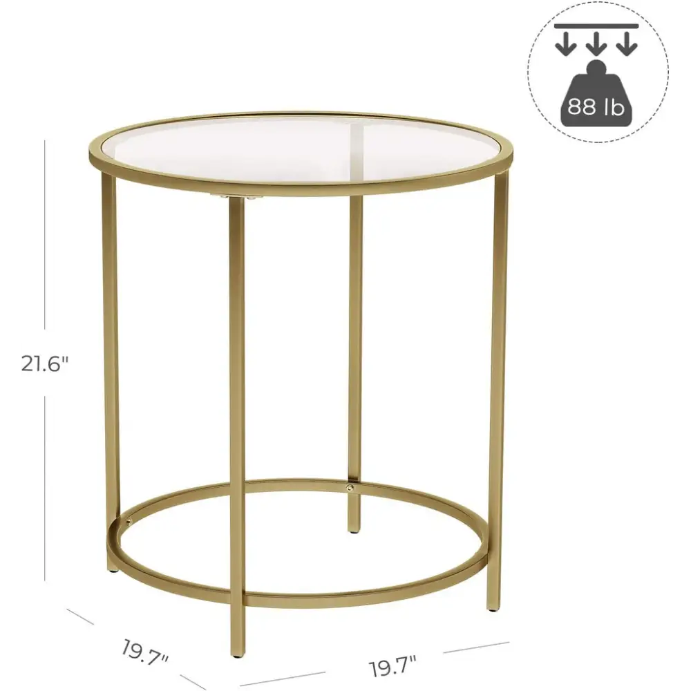 VASAGLE Round Side Table Tempered Glass End Table With Golden Metal Frame Small Coffee Table Gold LGT20G - Furniture >