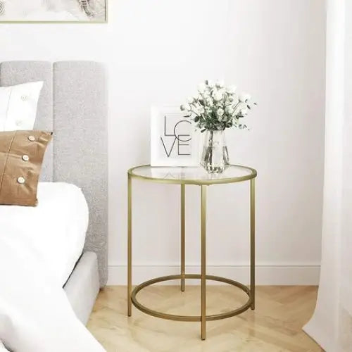 VASAGLE Round Side Table Tempered Glass End Table With Golden Metal Frame Small Coffee Table Gold LGT20G - Furniture >