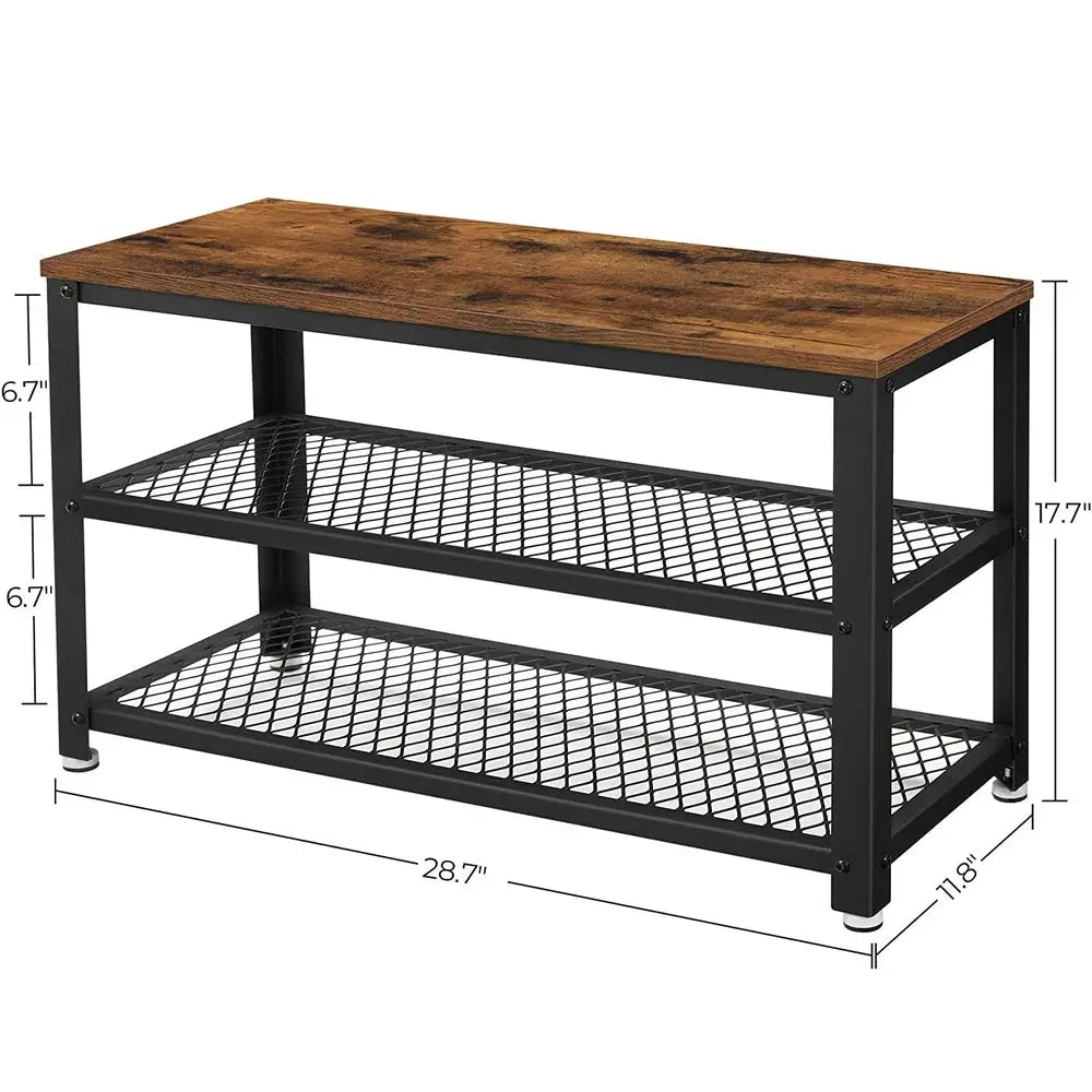 VASAGLE Shoe Bench with Seat Shoe Rack with 2 Mesh Shelves Rustic Brown and Black LBS73X - Furniture > Living Room