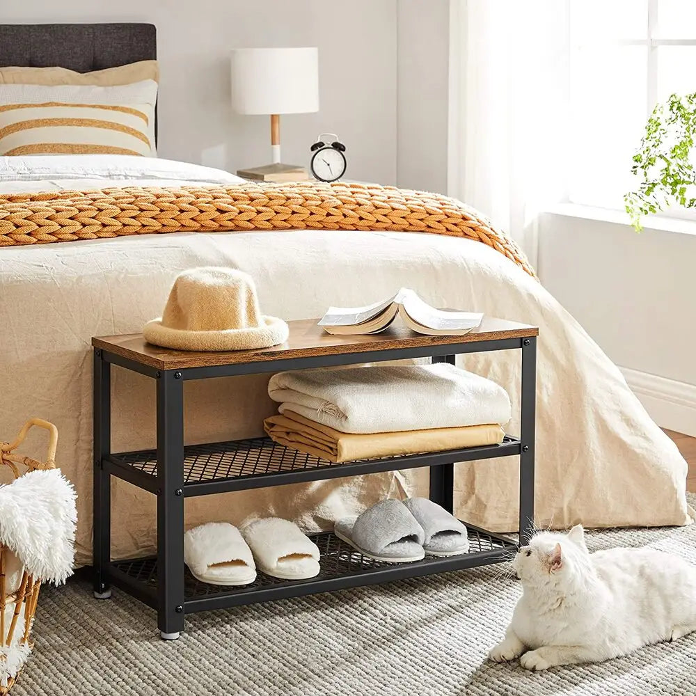 VASAGLE Shoe Bench with Seat Shoe Rack with 2 Mesh Shelves Rustic Brown and Black LBS73X - Furniture > Living Room