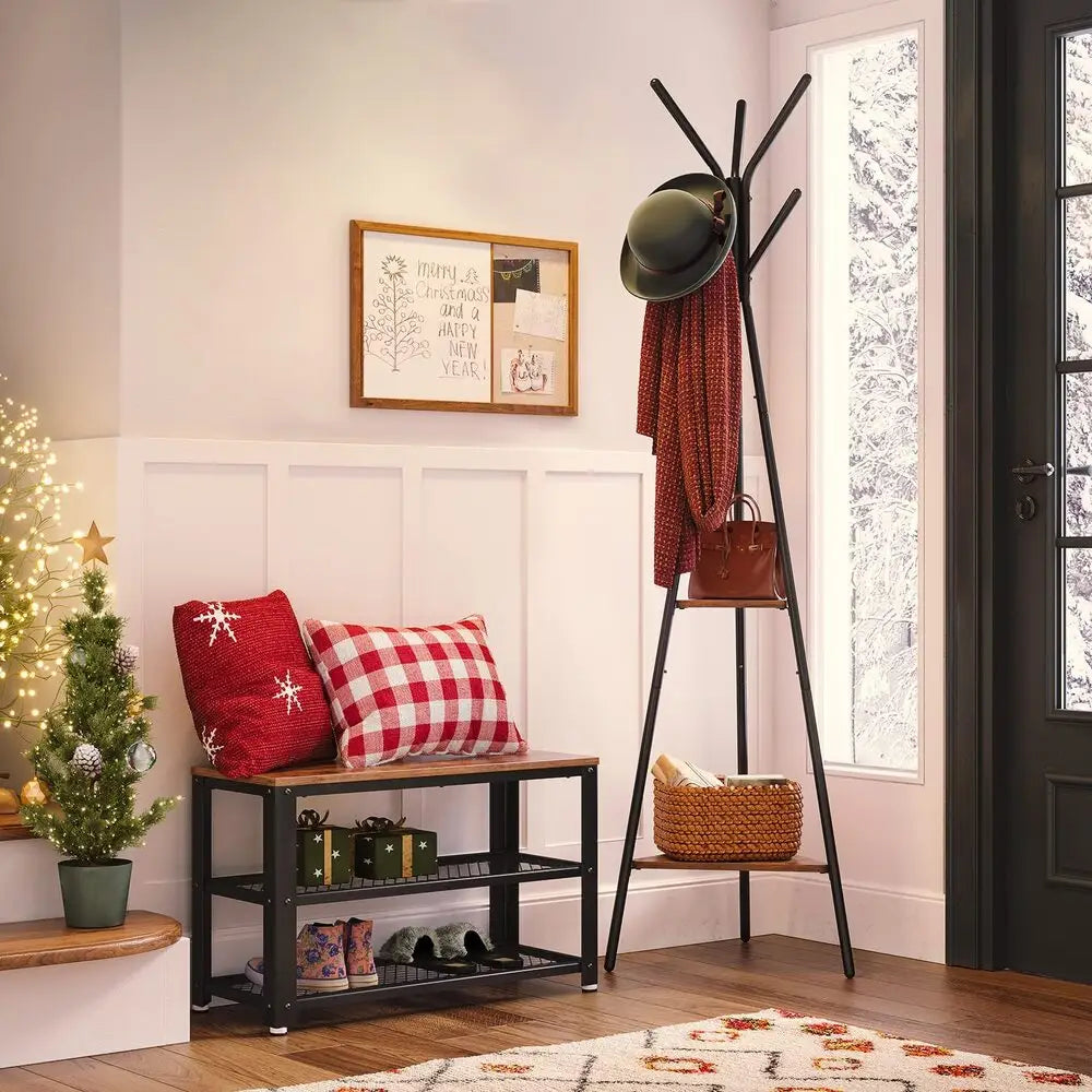 VASAGLE Shoe Bench with Seat Shoe Rack with 2 Mesh Shelves Rustic Brown and Black LBS73X - Furniture > Living Room