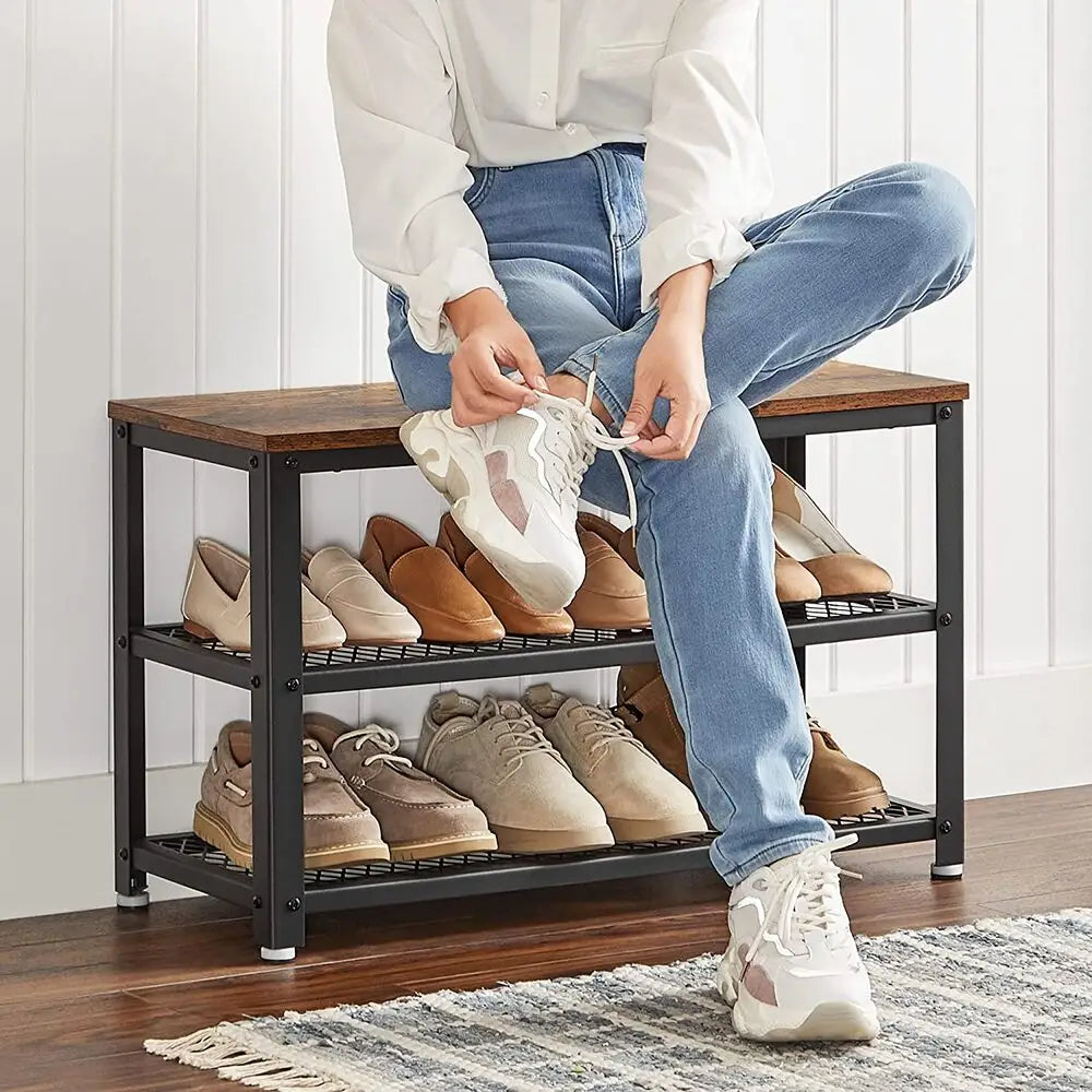 VASAGLE Shoe Bench with Seat Shoe Rack with 2 Mesh Shelves Rustic Brown and Black LBS73X - Furniture > Living Room