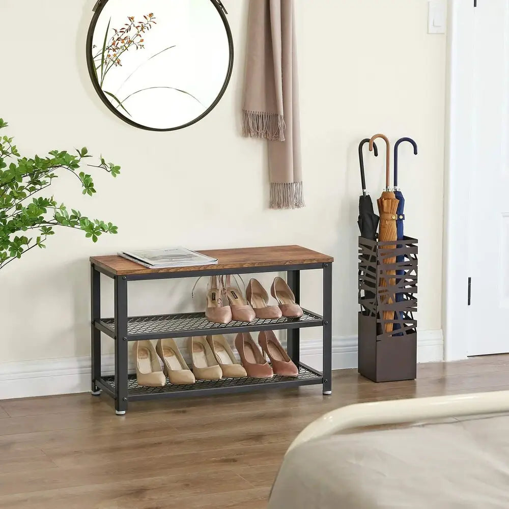 VASAGLE Shoe Bench with Seat Shoe Rack with 2 Mesh Shelves Rustic Brown and Black LBS73X - Furniture > Living Room