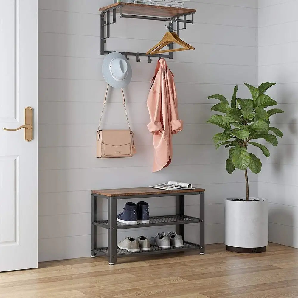 VASAGLE Shoe Bench with Seat Shoe Rack with 2 Mesh Shelves Rustic Brown and Black LBS73X - Furniture > Living Room