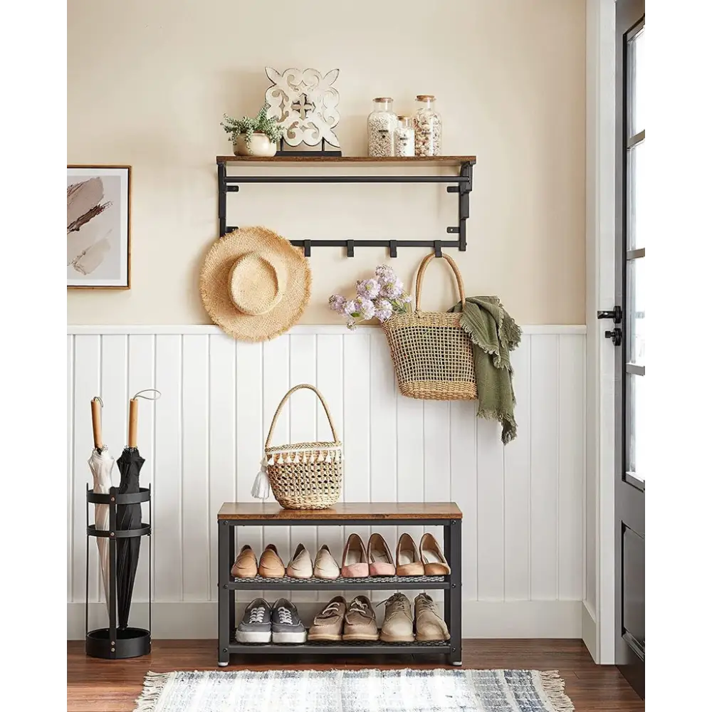 VASAGLE Shoe Bench with Seat Shoe Rack with 2 Mesh Shelves Rustic Brown and Black LBS73X - Furniture > Living Room