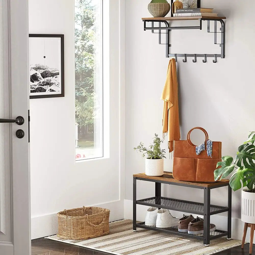 VASAGLE Shoe Bench with Seat Shoe Rack with 2 Mesh Shelves Rustic Brown and Black LBS73X - Furniture > Living Room