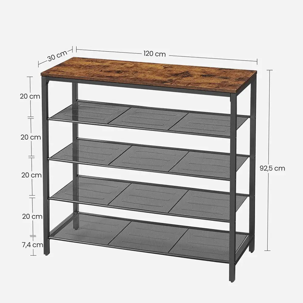 VASAGLE Shoe Rack Shoe Storage Organiser with 4 Mesh Shelves Rustic Brown and Black LBS205B01 - Furniture > Living Room