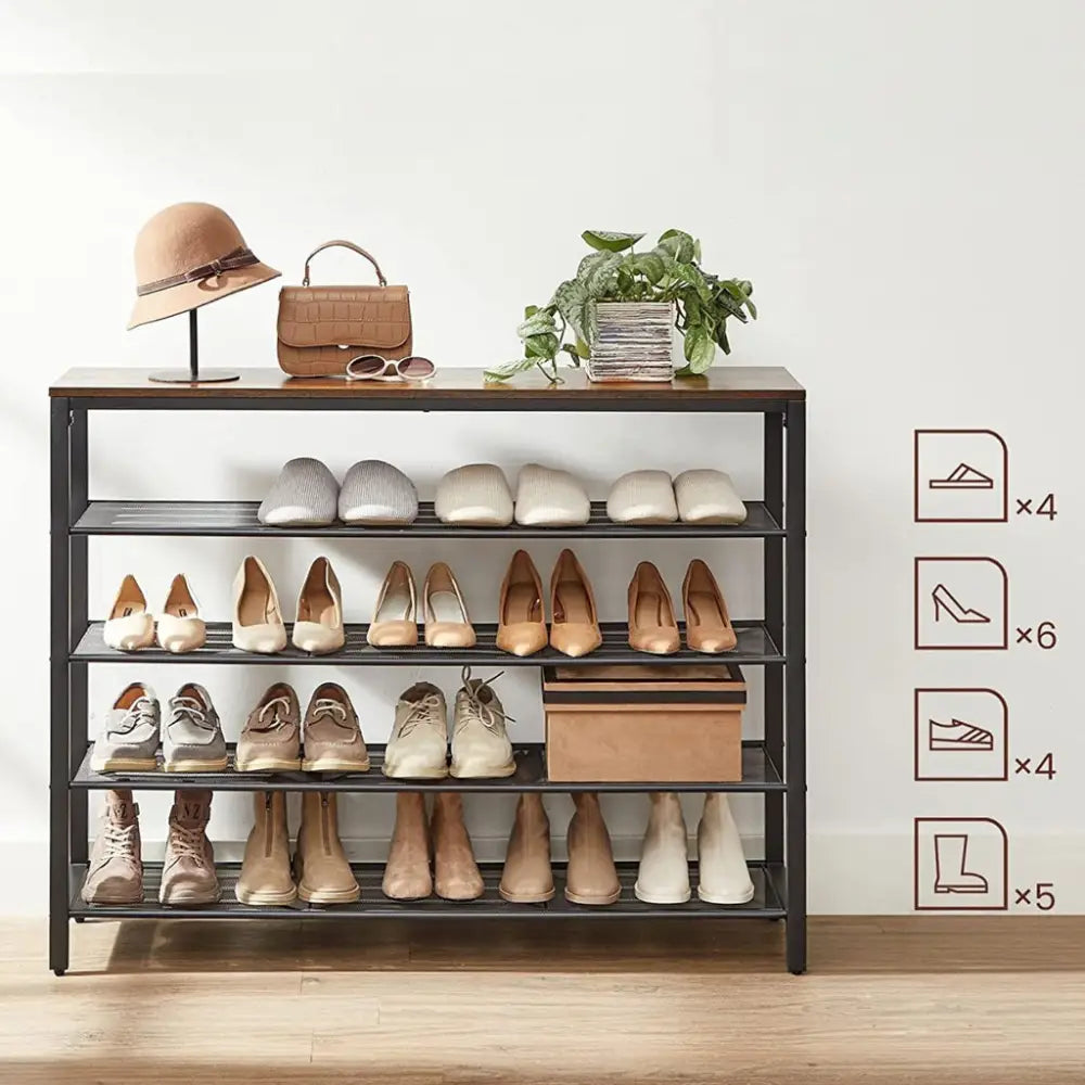 VASAGLE Shoe Rack Shoe Storage Organiser with 4 Mesh Shelves Rustic Brown and Black LBS205B01 - Furniture > Living Room