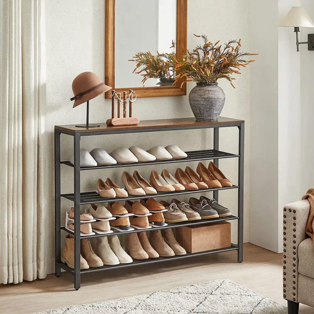 VASAGLE Shoe Rack Shoe Storage Organiser with 4 Mesh Shelves Rustic Brown and Black LBS205B01 - Furniture > Living Room