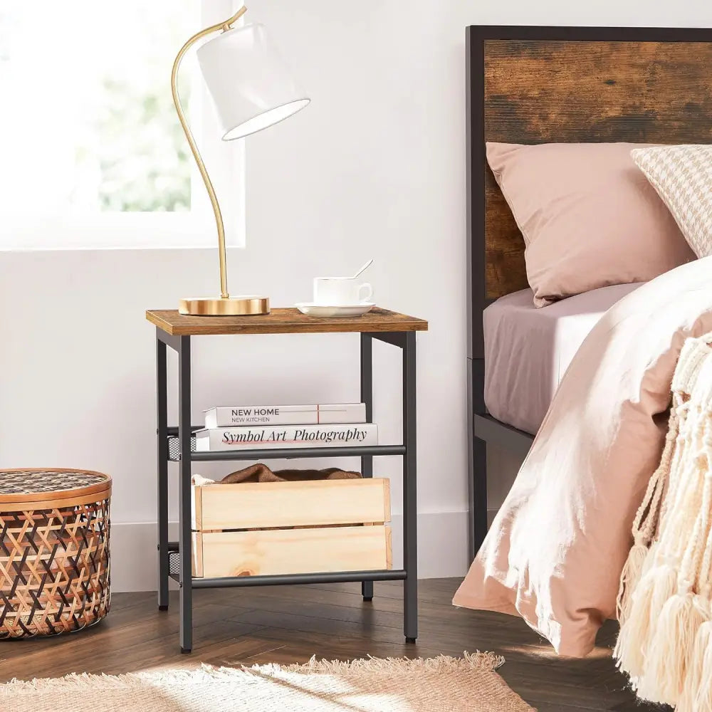 VASAGLE Side Table Set Nightstand Industrial Set of 2 Bedside Tables with Adjustable Mesh Shelves Rustic Brown