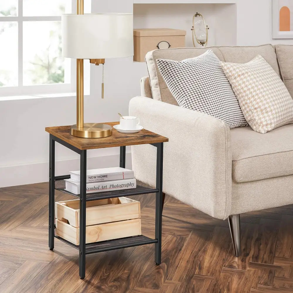 VASAGLE Side Table Set Nightstand Industrial Set of 2 Bedside Tables with Adjustable Mesh Shelves Rustic Brown