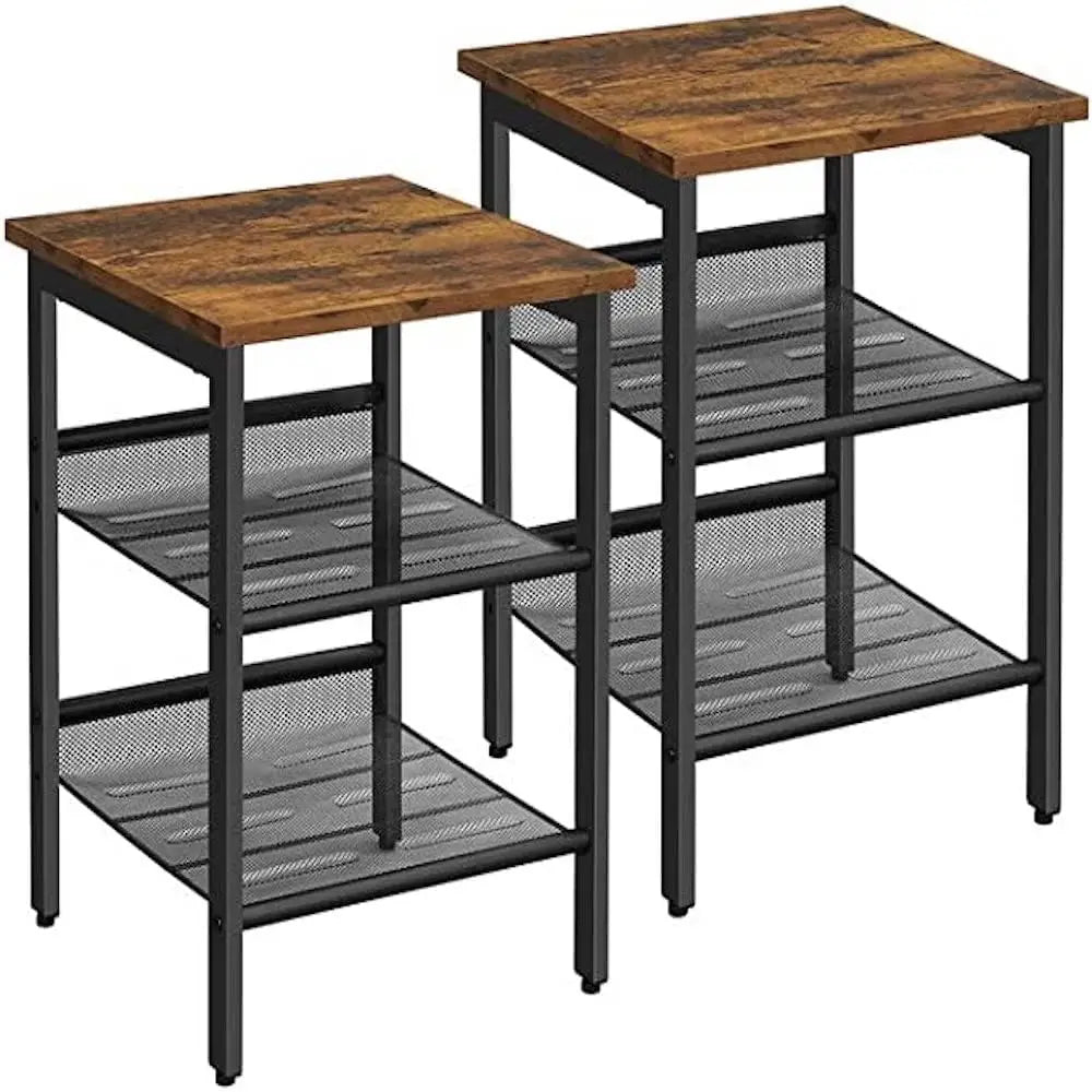 VASAGLE Side Table Set Nightstand Industrial Set of 2 Bedside Tables with Adjustable Mesh Shelves Rustic Brown