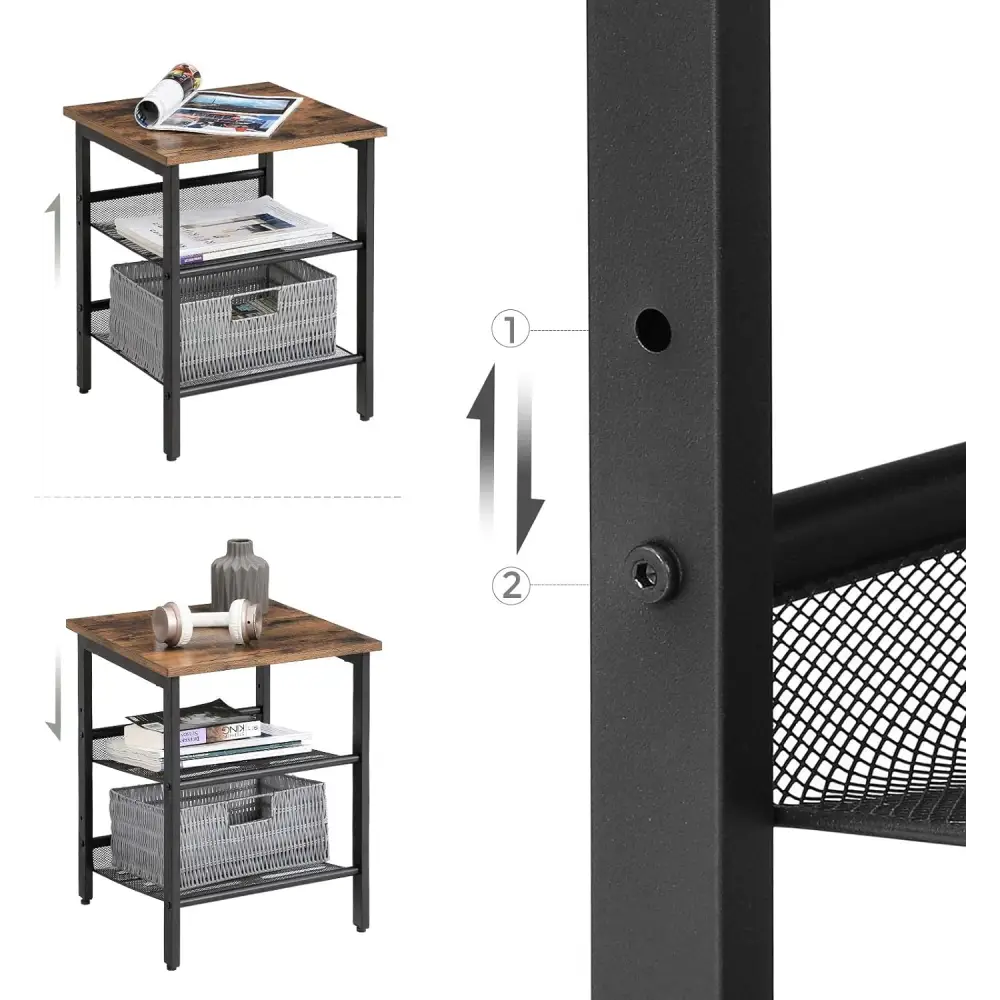 VASAGLE Side Table Set Nightstand Industrial Set of 2 Bedside Tables with Adjustable Mesh Shelves Rustic Brown