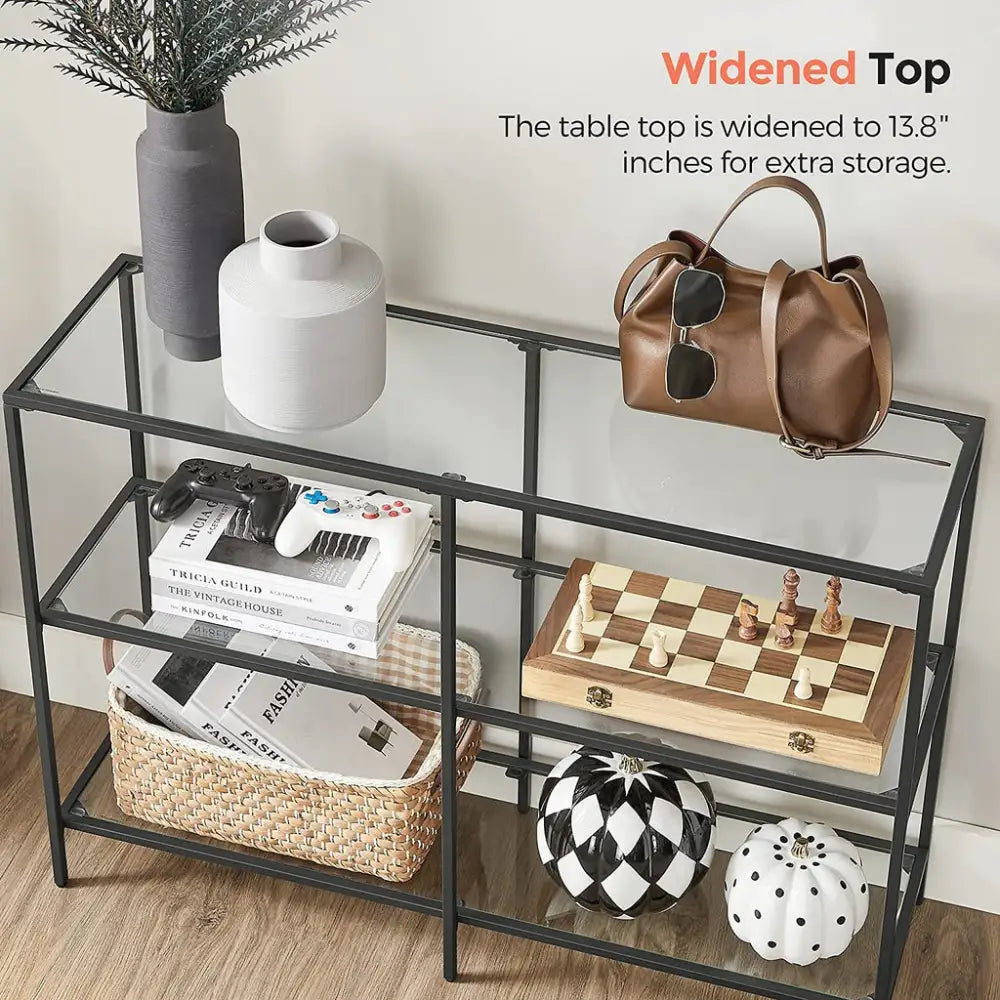 VASAGLE Storage Rack Console Sofa Table with 3 Shelves Steel Frame Tempered Glass Shelf Modern Style Black - Furniture