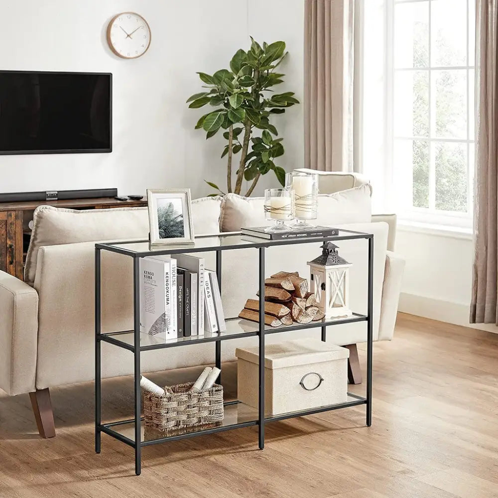 VASAGLE Storage Rack Console Sofa Table with 3 Shelves Steel Frame Tempered Glass Shelf Modern Style Black - Furniture
