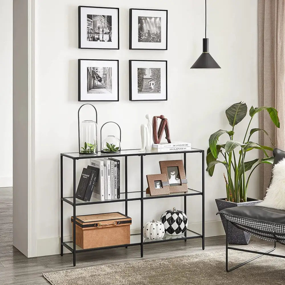 VASAGLE Storage Rack Console Sofa Table with 3 Shelves Steel Frame Tempered Glass Shelf Modern Style Black - Furniture