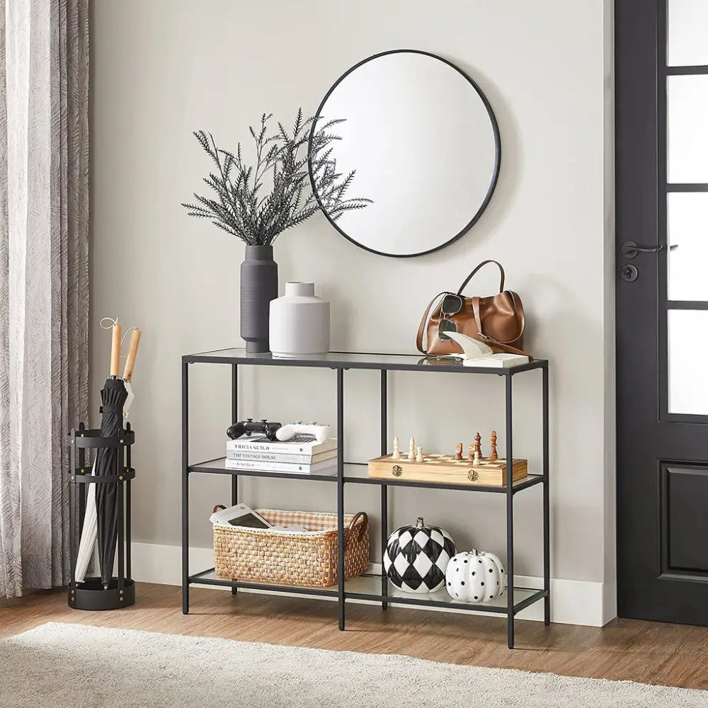 VASAGLE Storage Rack Console Sofa Table with 3 Shelves Steel Frame Tempered Glass Shelf Modern Style Black - Furniture