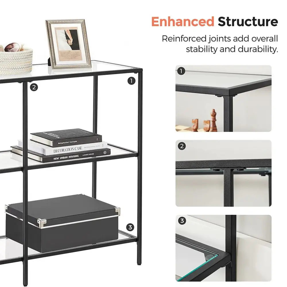 VASAGLE Storage Rack Console Sofa Table with 3 Shelves Steel Frame Tempered Glass Shelf Modern Style Black - Furniture