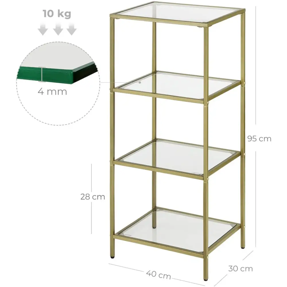 VASAGLE Storage Shelf 4-Tier Tempered Glass Gold LGT029A01 - Furniture > Living Room
