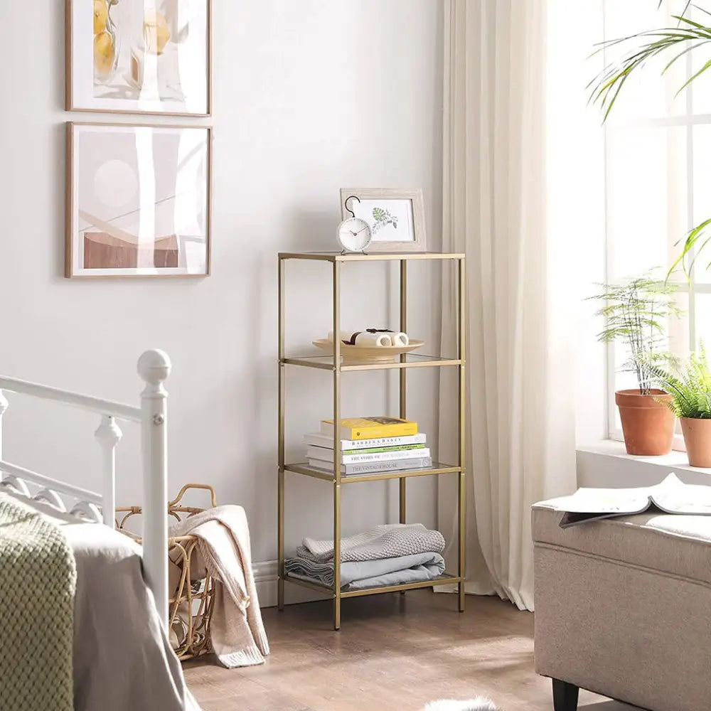 VASAGLE Storage Shelf 4-Tier Tempered Glass Gold LGT029A01 - Furniture > Living Room