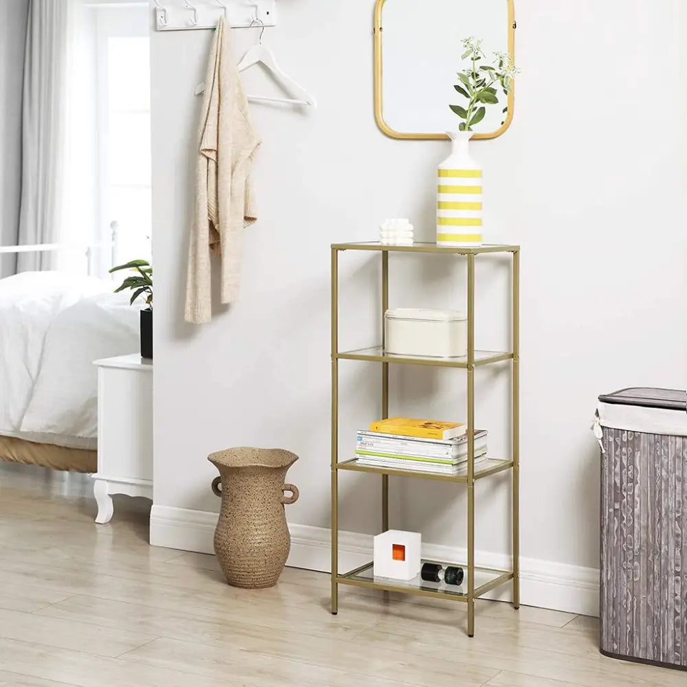 VASAGLE Storage Shelf 4-Tier Tempered Glass Gold LGT029A01 - Furniture > Living Room