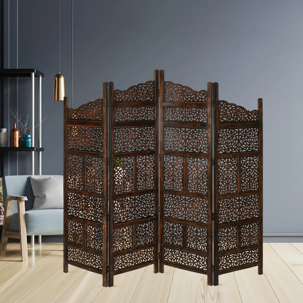 Vasco 4 Panel Room Divider Screen Privacy Shoji Timber Wood Stand - Burnt - Furniture > Living Room