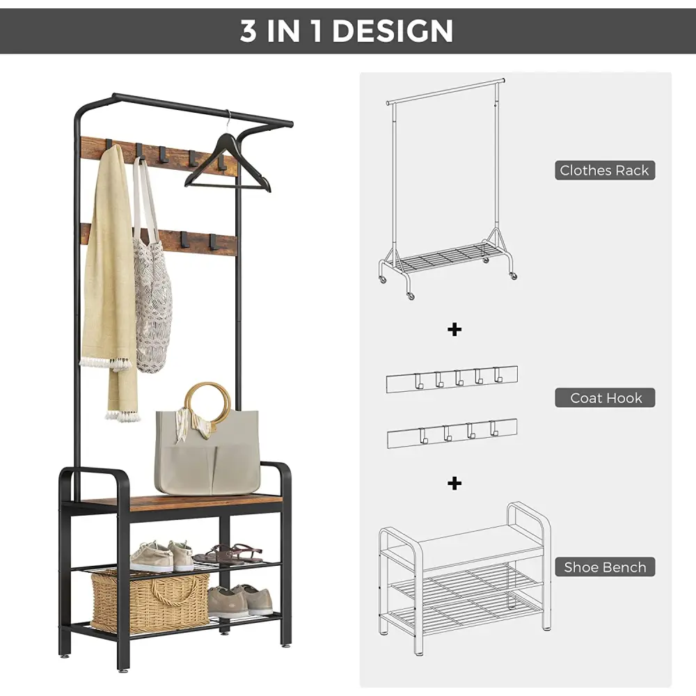 Vintage Coat Rack Shoe Bench Wood Look Accent Furniture and Metal Frame - Furniture > Living Room
