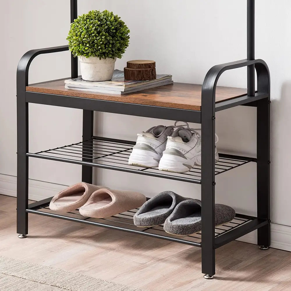 Vintage Coat Rack Shoe Bench Wood Look Accent Furniture and Metal Frame - Furniture > Living Room