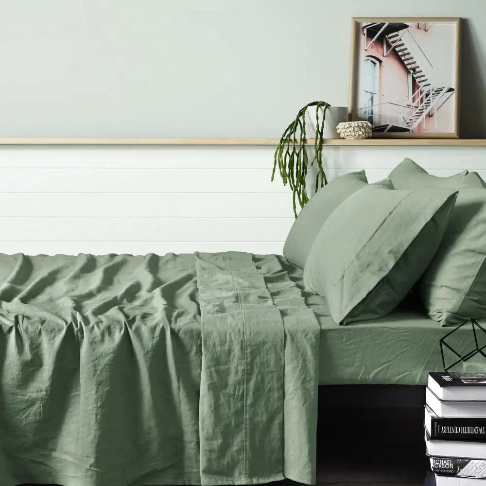 Vintage Design Homewares 100% Linen Sage Sheet Set Queen - Home & Garden > Bedding > Bed Sheets