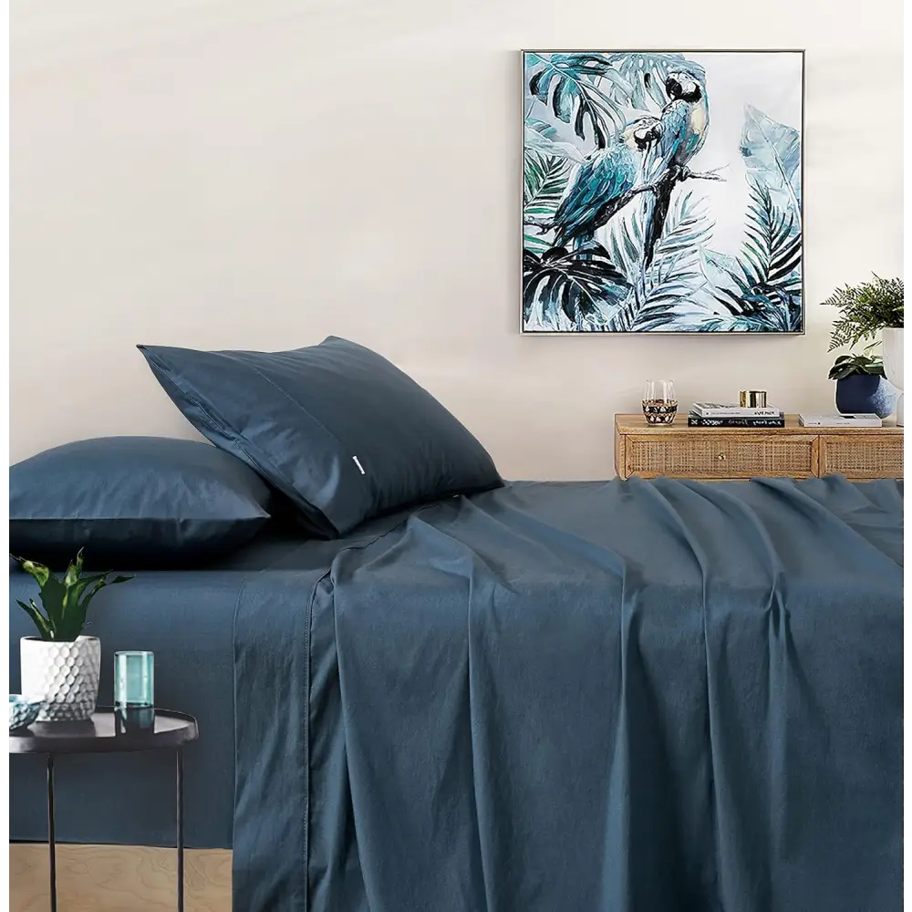 Vintage Washed 100% Cotton Sheet Set with 1 Pillowcases - Dark Indigo -Single - Home & Garden > Bedding > Bed Sheets