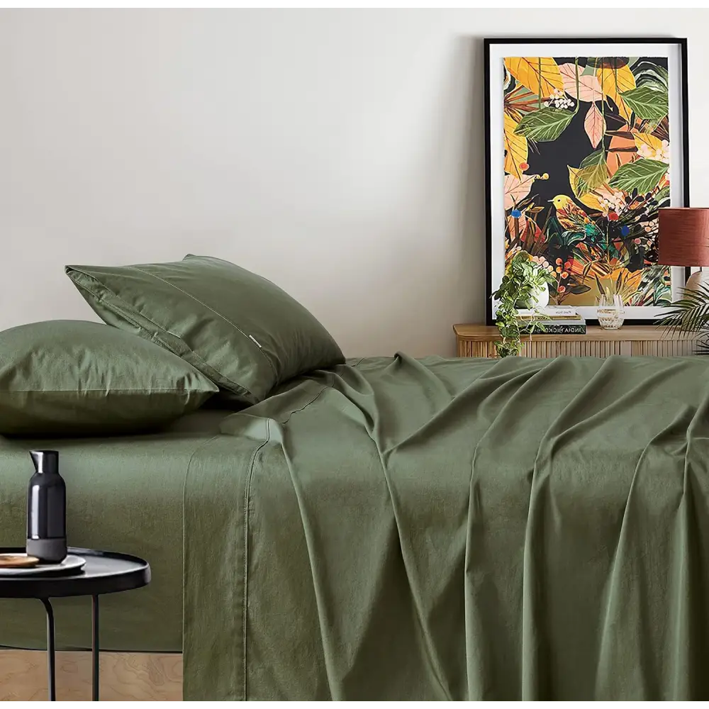 Vintage Washed 100% Cotton Sheet Set with 2 Pillowcases - Khaki Green - King Size - Home & Garden > Bedding > Bed Sheets