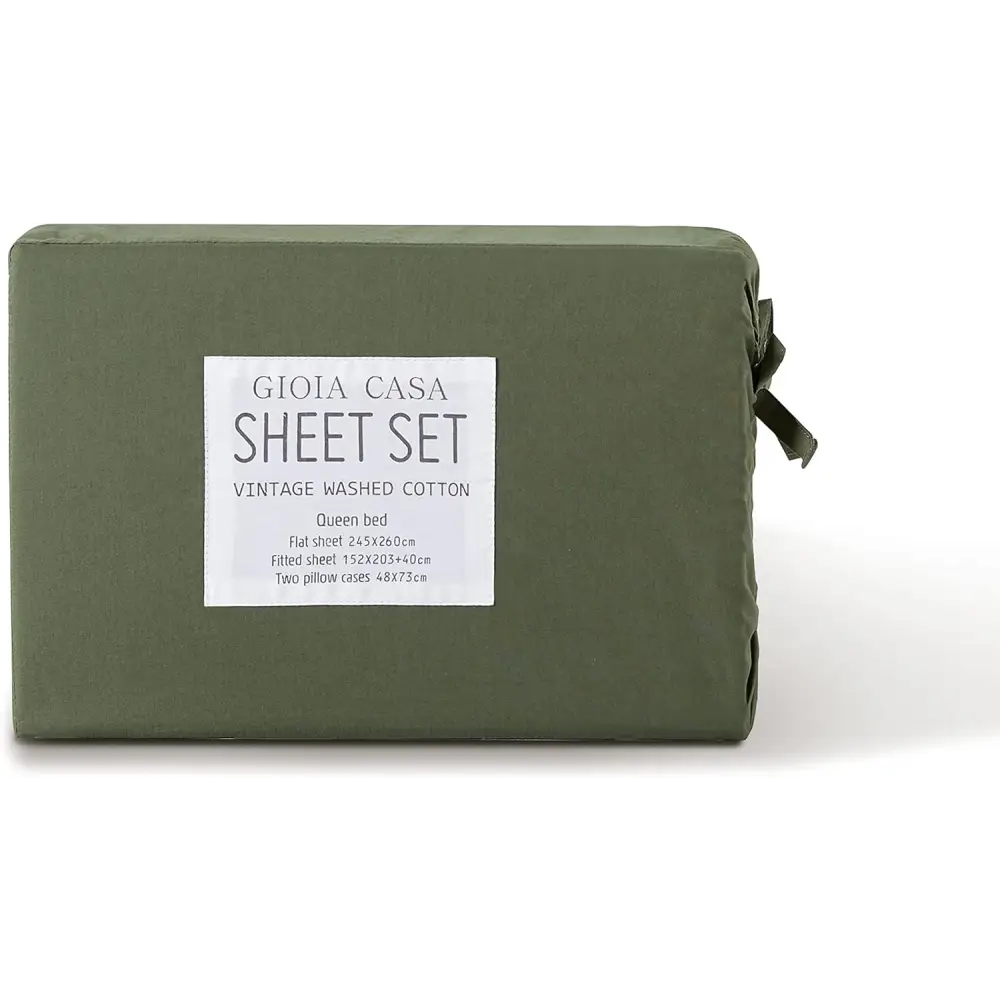 Vintage Washed 100% Cotton Sheet Set with 2 Pillowcases - Khaki Green - Double - Home & Garden > Bedding > Bed Sheets