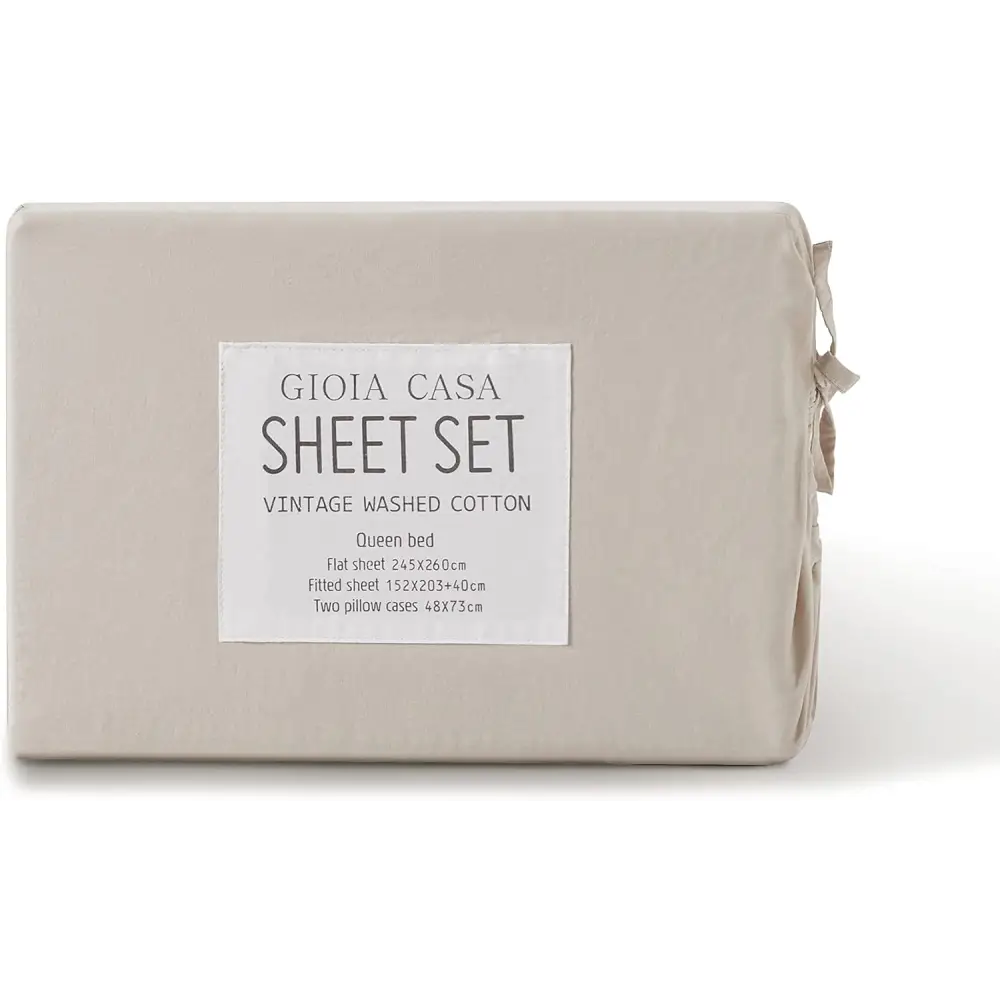 Vintage Washed 100% Cotton Sheet Set with 2 Pillowcases - Natural - Double - Home & Garden > Bedding > Bed Sheets