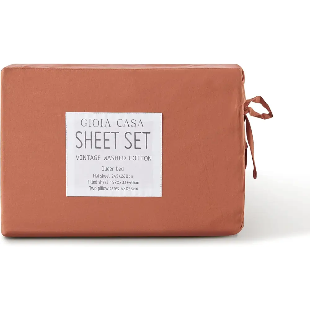 Vintage Washed 100% Cotton Soft Breathable Sheet Set - Brick - King Single - Home & Garden > Bedding > Bed Sheets